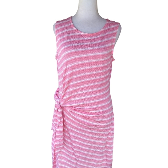 Talbots Pink White Stripe Side Tie Detail French Terry Midi Sleeveless Dress - Picture 3 of 8